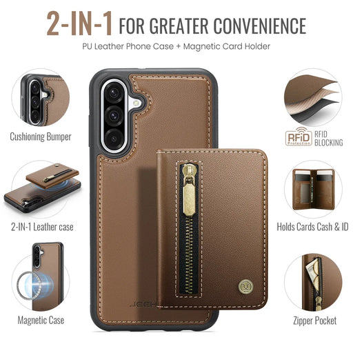 JEEHOOD For Samsung Galaxy A36 5G Case  J12 Magnetic Detachable Zipper Wallet Kickstand Leather Back Cover Magnetic Case - Brown - 2