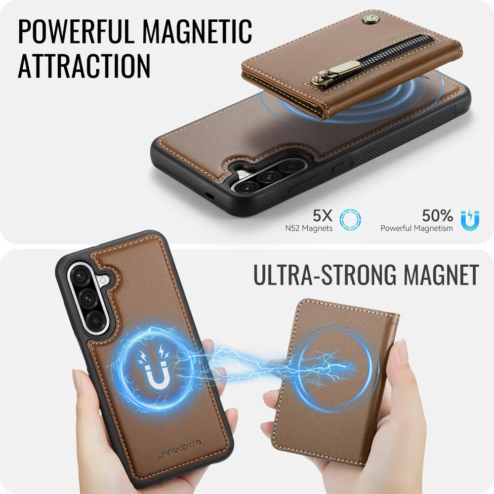 JEEHOOD For Samsung Galaxy A36 5G Case  J12 Magnetic Detachable Zipper Wallet Kickstand Leather Back Cover Magnetic Case - Brown - 3
