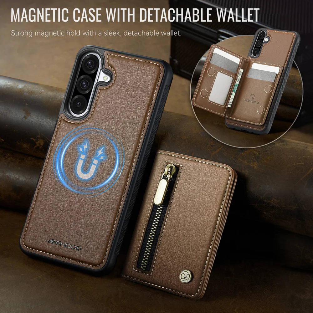 JEEHOOD For Samsung Galaxy A36 5G Case  J12 Magnetic Detachable Zipper Wallet Kickstand Leather Back Cover Magnetic Case - Brown - 4