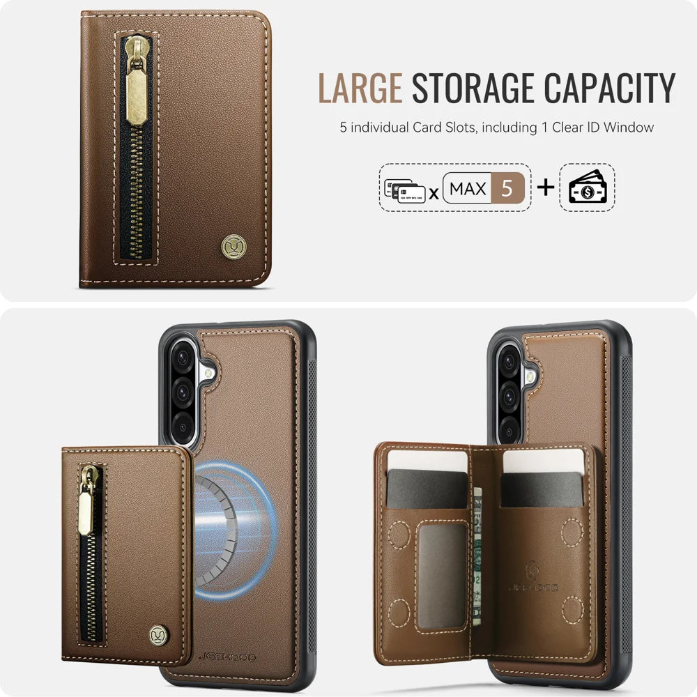 JEEHOOD For Samsung Galaxy A36 5G Case  J12 Magnetic Detachable Zipper Wallet Kickstand Leather Back Cover Magnetic Case - Brown - 5
