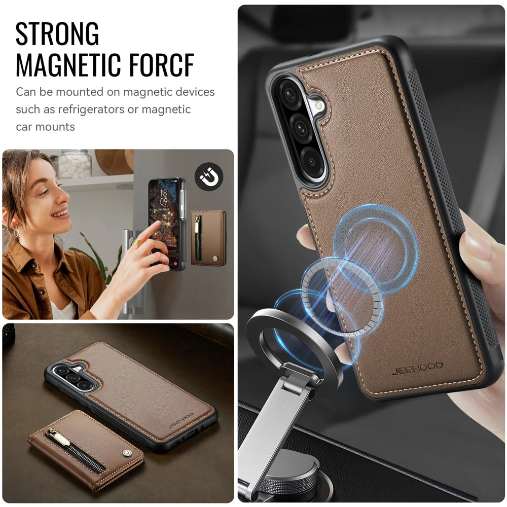 JEEHOOD For Samsung Galaxy A36 5G Case  J12 Magnetic Detachable Zipper Wallet Kickstand Leather Back Cover Magnetic Case - Brown - 6
