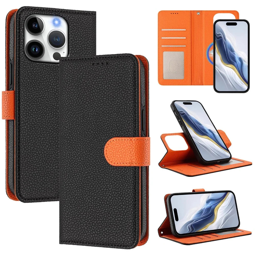 For iPhone 16 Pro Max Leather Case Compatible with MagSafe Detachable Wallet Phone Cover with Hand Strap - Black  /  Orange - 1