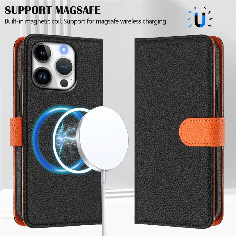 For iPhone 16 Pro Max Leather Case Compatible with MagSafe Detachable Wallet Phone Cover with Hand Strap - Black  /  Orange - 3