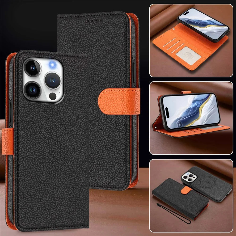 For iPhone 16 Pro Max Leather Case Compatible with MagSafe Detachable Wallet Phone Cover with Hand Strap - Black  /  Orange - 7