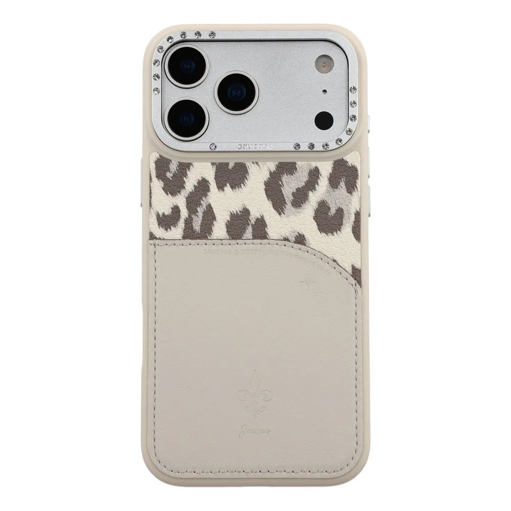 JAUCASE For iPhone 17 Pro Magnetic Case Leopard Print Card Holder PU TPU PC Phone Back Cover - White - 3