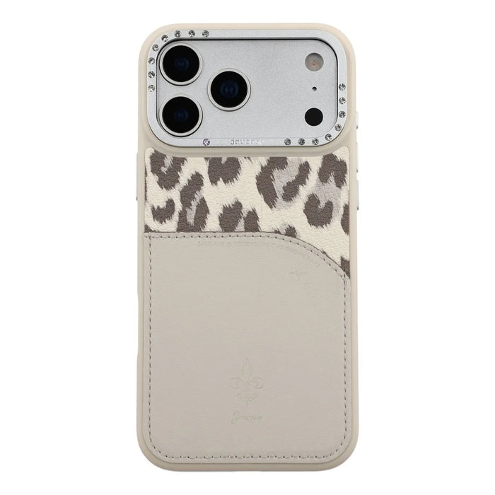 JAUCASE For iPhone 17 Pro Magnetic Case Leopard Print Card Holder PU TPU PC Phone Back Cover - White - 3