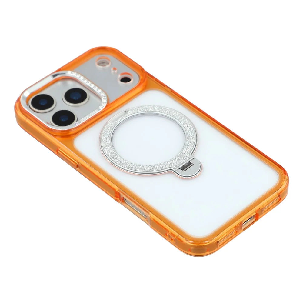 JAUCASE For iPhone 17 Pro Case Glitter Kickstand Rhinestone Lens Frame TPU + PC Phone Cover - Transparent Orange - 5