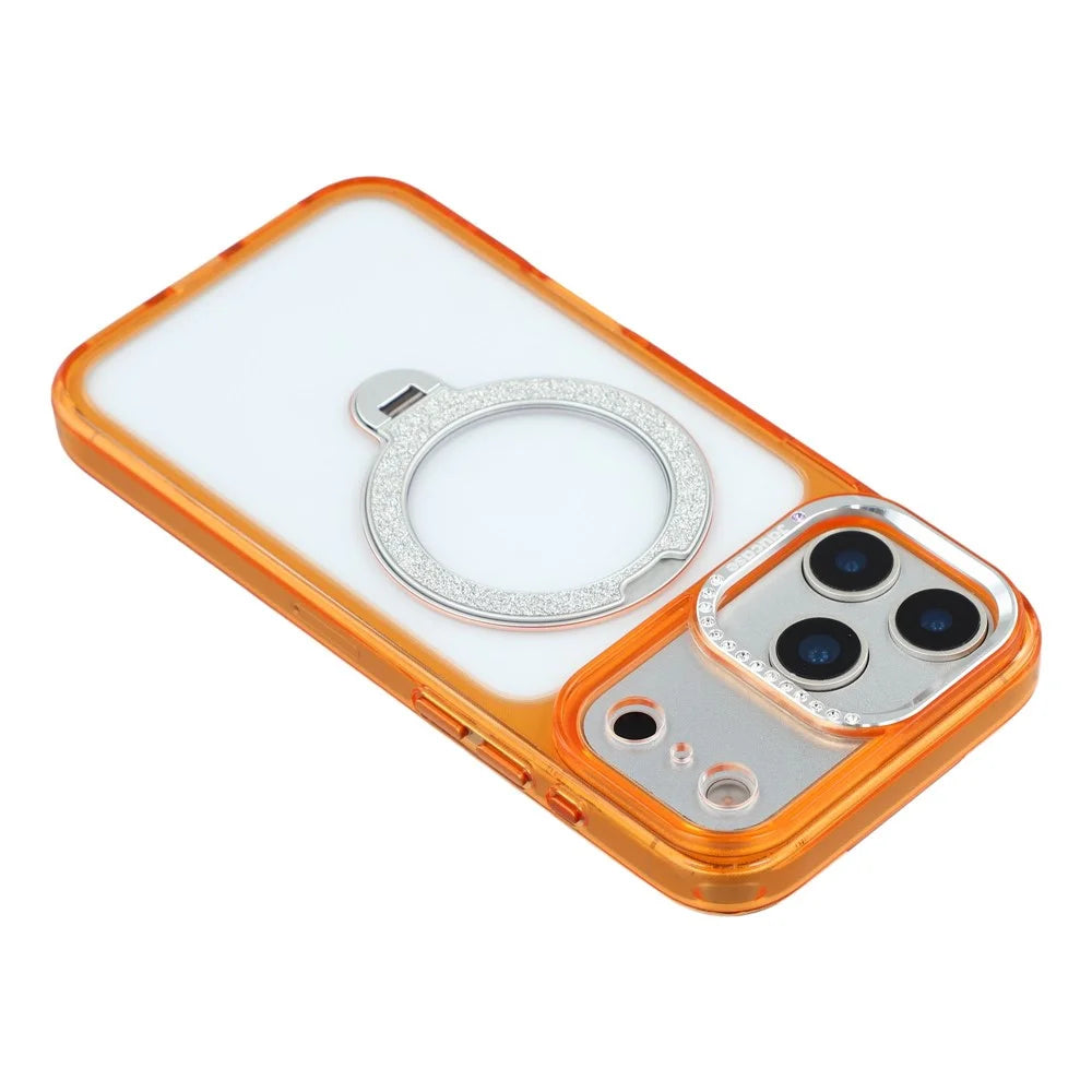 JAUCASE For iPhone 17 Pro Case Glitter Kickstand Rhinestone Lens Frame TPU + PC Phone Cover - Transparent Orange - 6