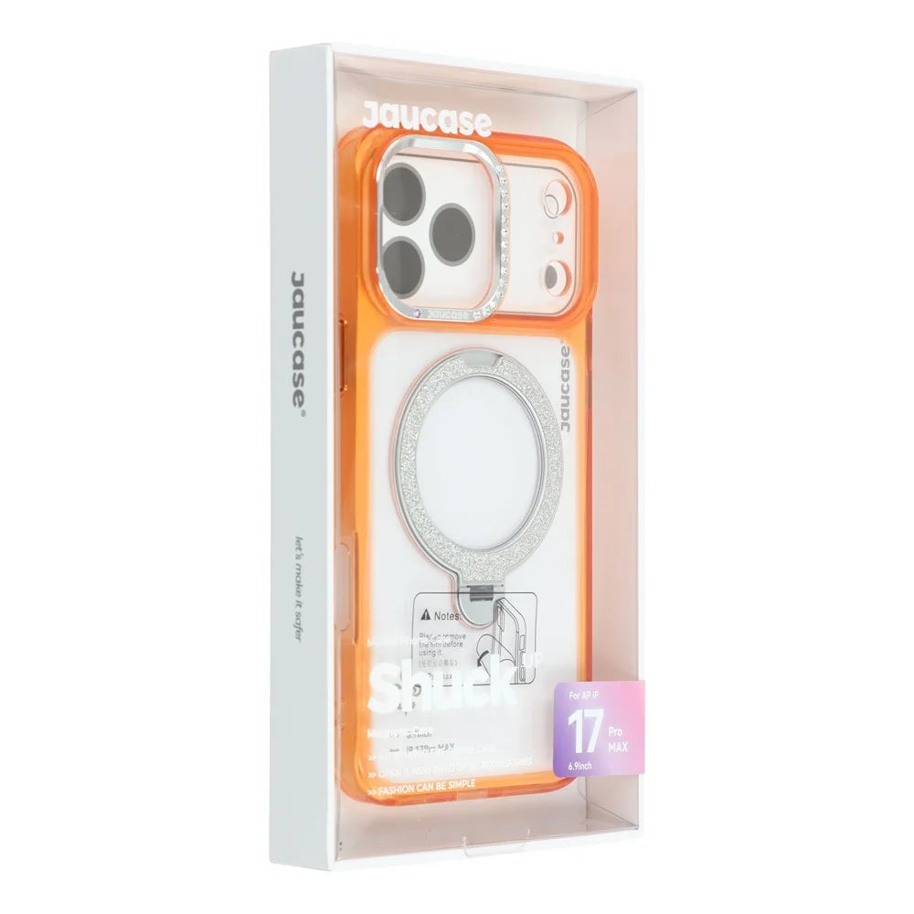 JAUCASE For iPhone 17 Pro Case Glitter Kickstand Rhinestone Lens Frame TPU + PC Phone Cover - Transparent Orange - 7
