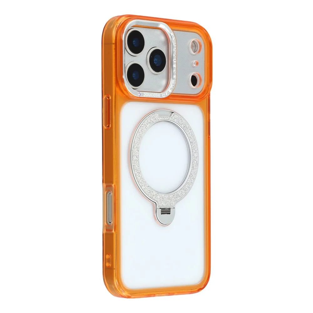 JAUCASE For iPhone 17 Pro Max Case Glitter Kickstand Rhinestone Lens Frame TPU + PC Phone Cover - Transparent Orange - 1