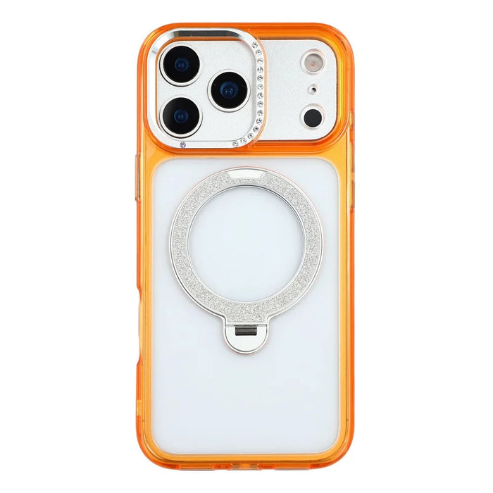 JAUCASE For iPhone 17 Pro Max Case Glitter Kickstand Rhinestone Lens Frame TPU + PC Phone Cover - Transparent Orange - 3