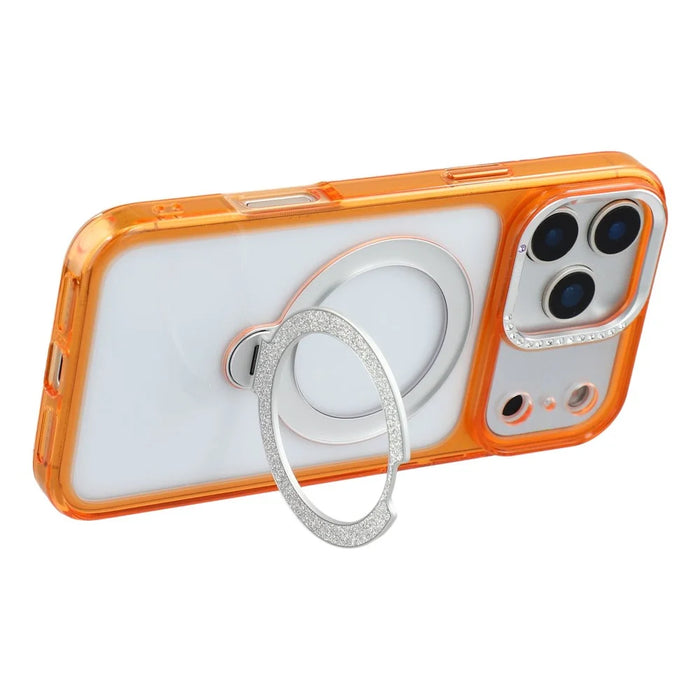 JAUCASE For iPhone 17 Pro Max Case Glitter Kickstand Rhinestone Lens Frame TPU + PC Phone Cover - Transparent Orange - 4