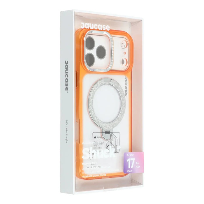 JAUCASE For iPhone 17 Pro Max Case Glitter Kickstand Rhinestone Lens Frame TPU + PC Phone Cover - Transparent Orange - 7