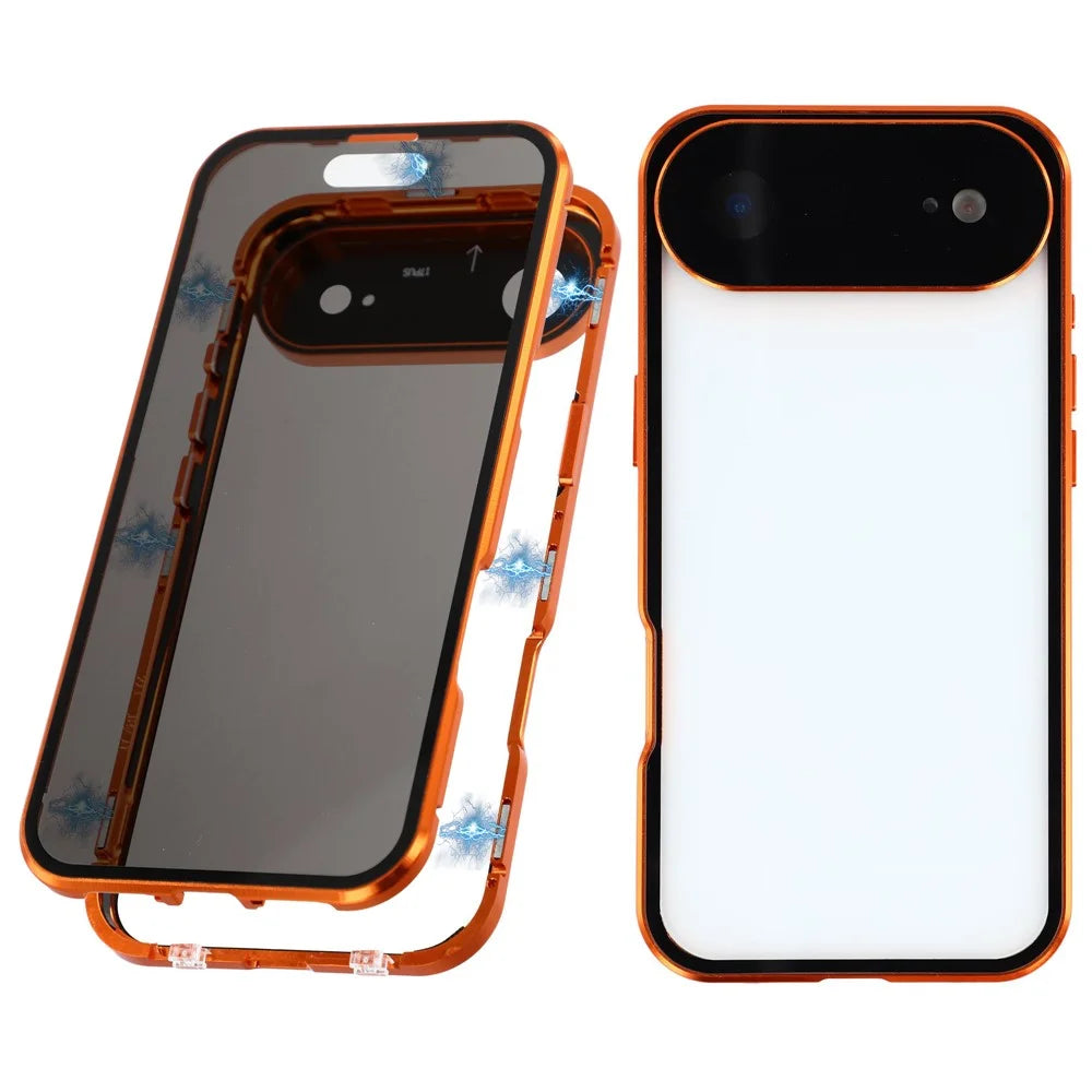 For iPhone Air Case Anti-Spy Double-Sided Tempered Glass + Magnetic Metal Frame Phone Cover - Orange - 1