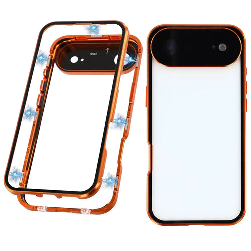 For iPhone Air Case Ultra Clear Double-Sided Tempered Glass + Magnetic Metal Frame Phone Cover - Orange - 1