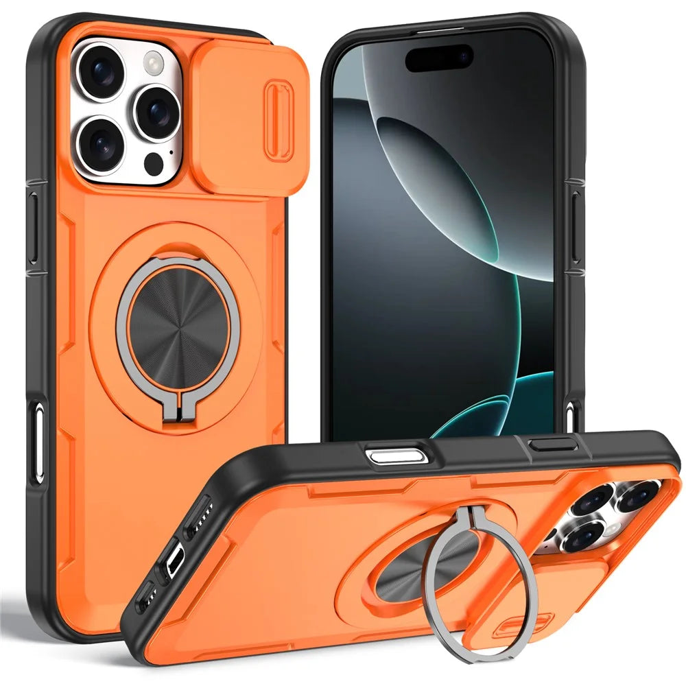 For iPhone 16 Pro Max Magnetic Case Slide Camera Cover Rotary Kickstand PC + TPU Phone Shell - Orange - 1