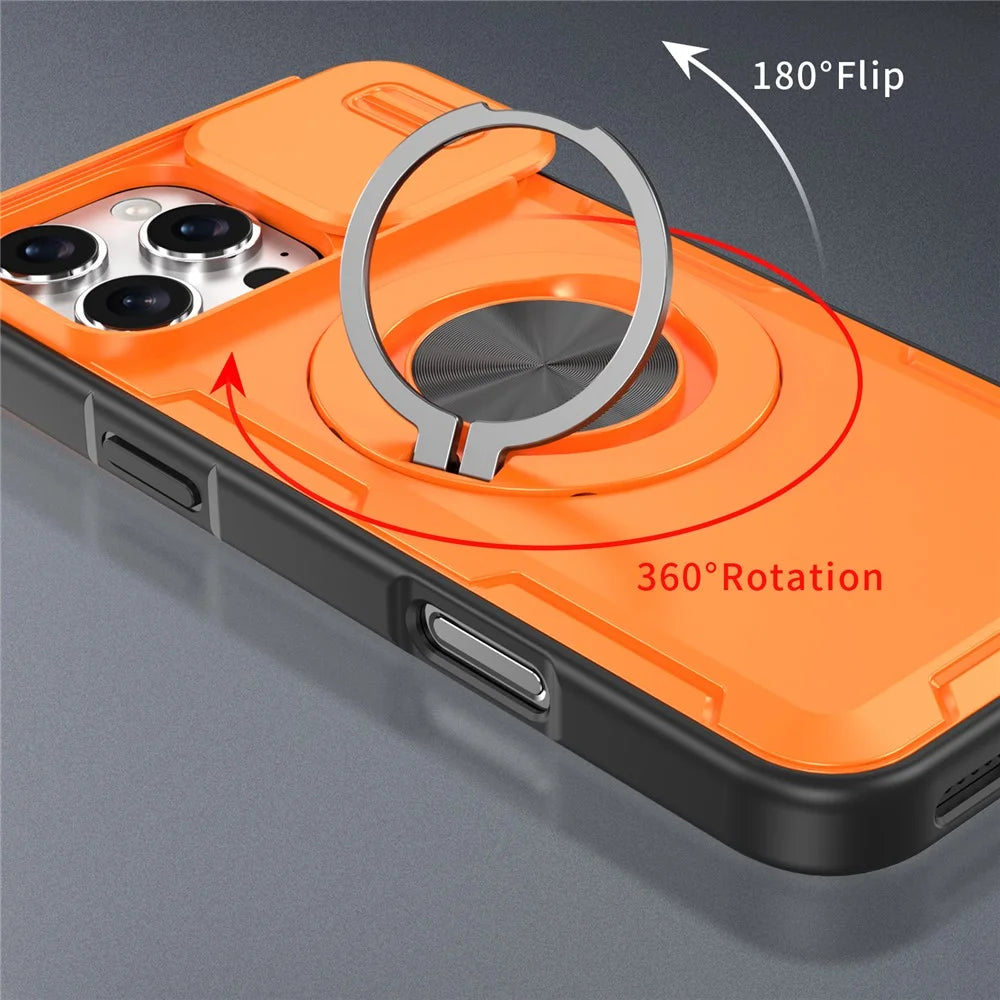 For iPhone 16 Pro Max Magnetic Case Slide Camera Cover Rotary Kickstand PC + TPU Phone Shell - Orange - 2