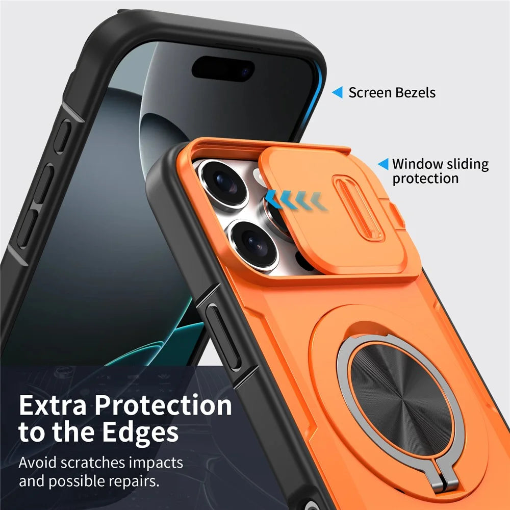 For iPhone 16 Pro Max Magnetic Case Slide Camera Cover Rotary Kickstand PC + TPU Phone Shell - Orange - 4