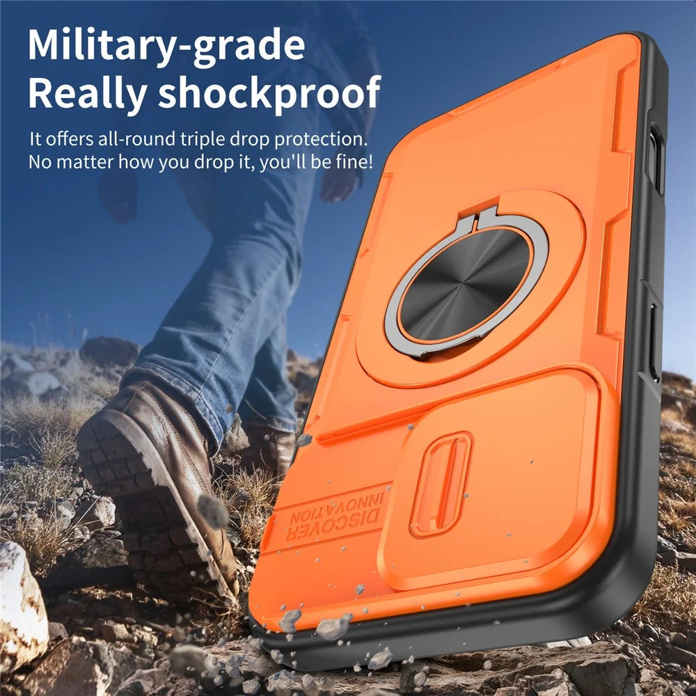 For iPhone 16 Pro Max Magnetic Case Slide Camera Cover Rotary Kickstand PC + TPU Phone Shell - Orange - 6