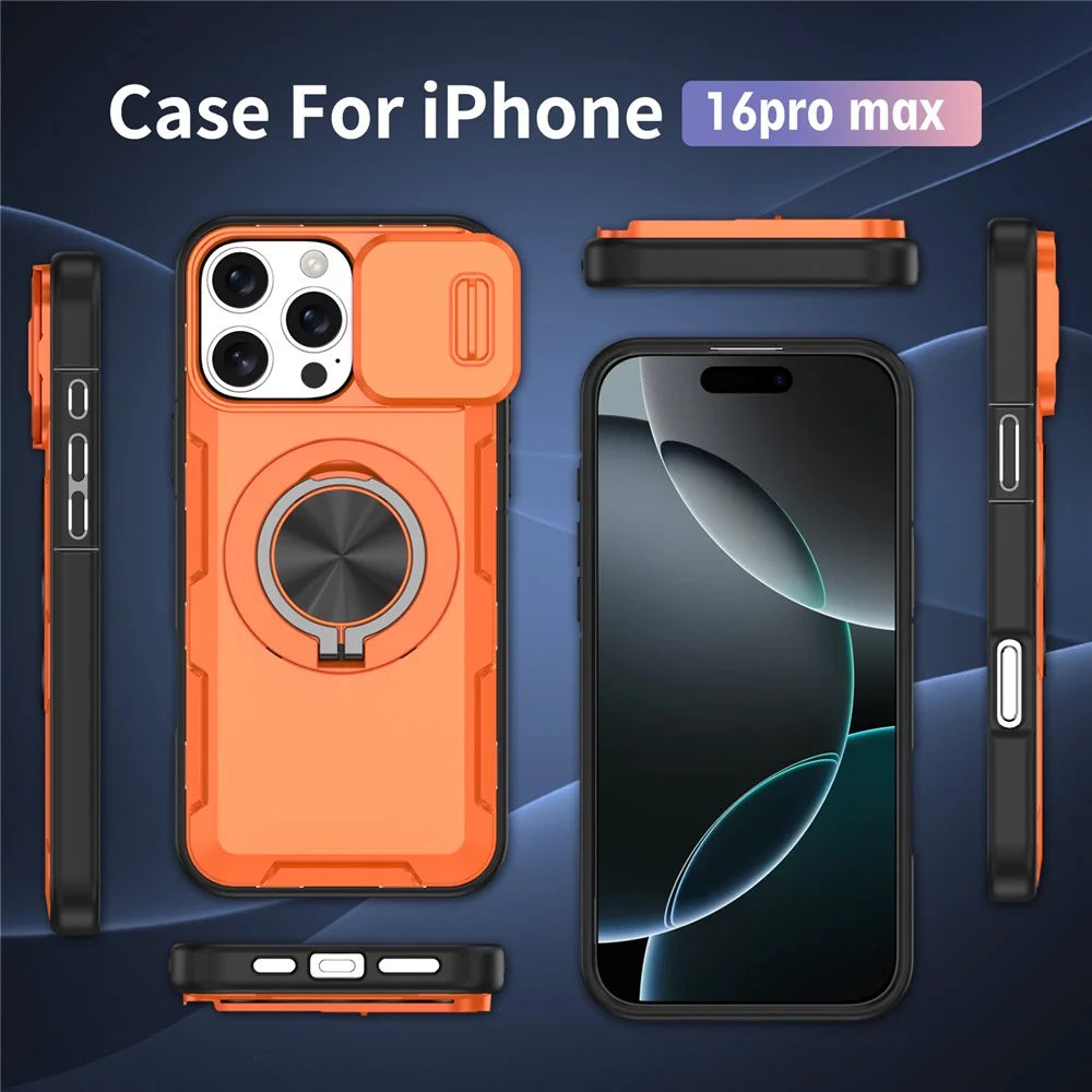 For iPhone 16 Pro Max Magnetic Case Slide Camera Cover Rotary Kickstand PC + TPU Phone Shell - Orange - 7