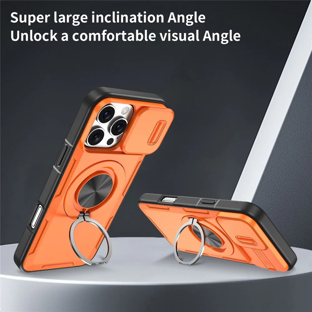 For iPhone 16 Pro Magnetic Case Slide Camera Cover Rotary Kickstand PC + TPU Phone Shell - Orange - 3