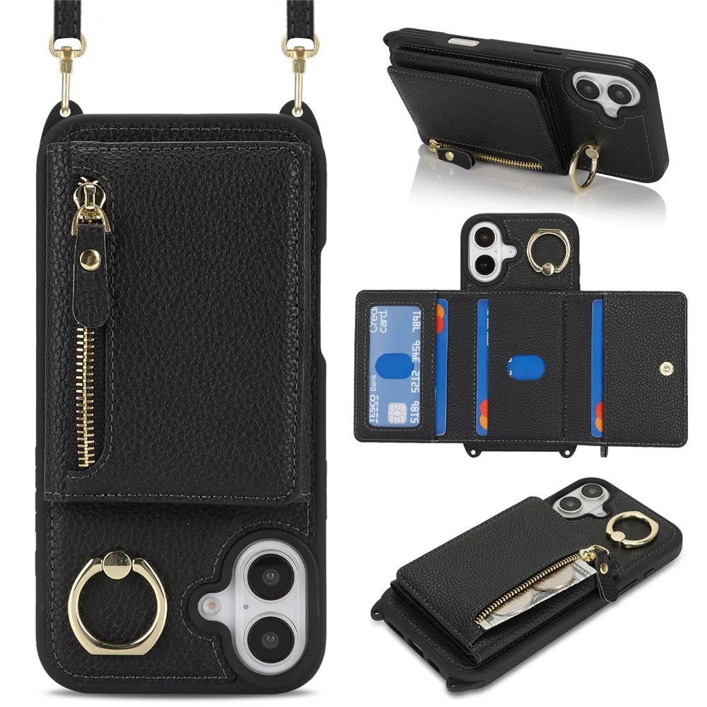 For iPhone 17 Case Card Bag Ring Holder Litchi Texture Leather+TPU Phone Cover with Long Strap - Black - 1