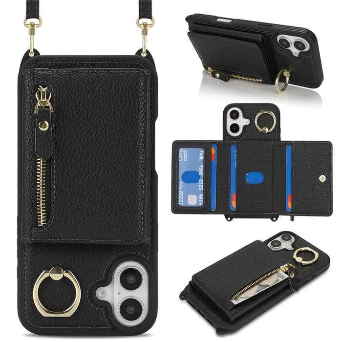 For iPhone 17 Case Card Bag Ring Holder Litchi Texture Leather+TPU Phone Cover with Long Strap - Black - 1