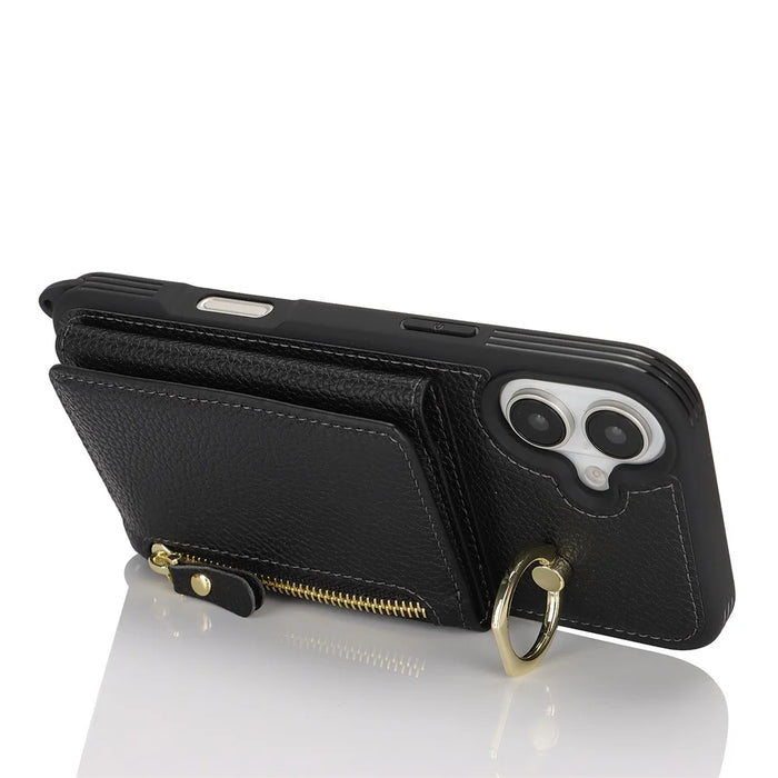 For iPhone 17 Case Card Bag Ring Holder Litchi Texture Leather+TPU Phone Cover with Long Strap - Black - 2
