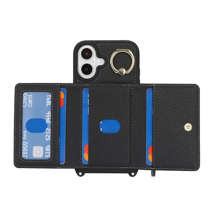 For iPhone 17 Case Card Bag Ring Holder Litchi Texture Leather+TPU Phone Cover with Long Strap - Black - 3