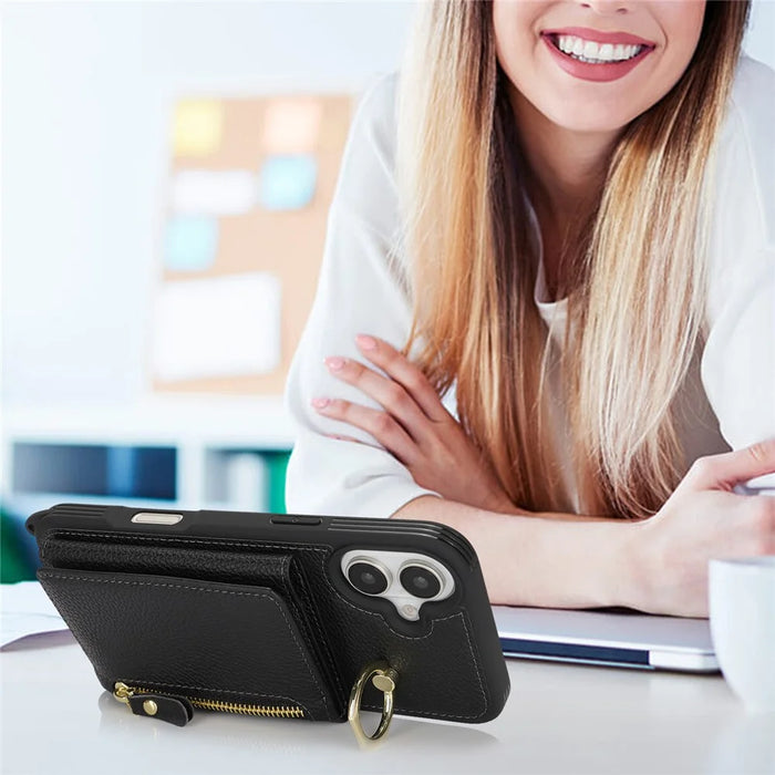 For iPhone 17 Case Card Bag Ring Holder Litchi Texture Leather+TPU Phone Cover with Long Strap - Black - 5