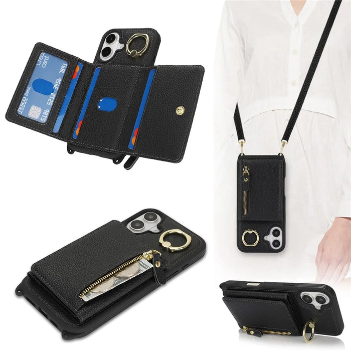 For iPhone 17 Case Card Bag Ring Holder Litchi Texture Leather+TPU Phone Cover with Long Strap - Black - 7