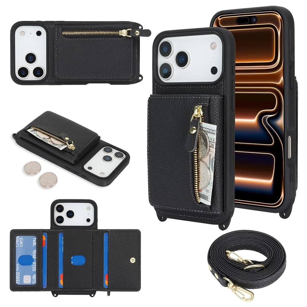 For iPhone 18 Pro / 17 Pro Case Card Bag Ring Holder Litchi Texture Leather+TPU Phone Cover with Long Strap - Black - 1