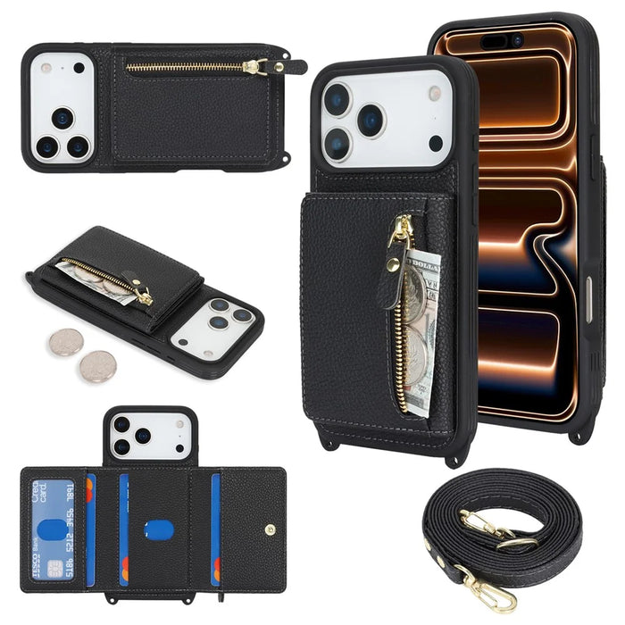 For iPhone 18 Pro / 17 Pro Case Card Bag Ring Holder Litchi Texture Leather+TPU Phone Cover with Long Strap - Black - 1