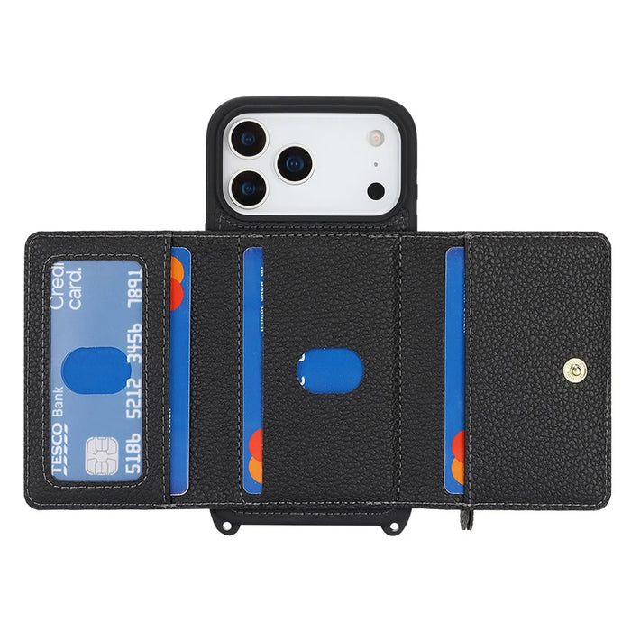 For iPhone 18 Pro / 17 Pro Case Card Bag Ring Holder Litchi Texture Leather+TPU Phone Cover with Long Strap - Black - 2