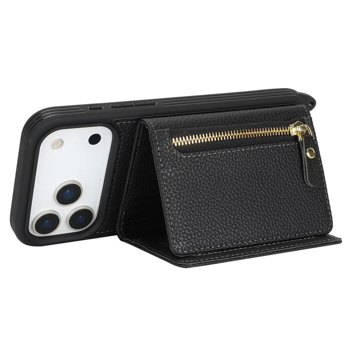 For iPhone 18 Pro / 17 Pro Case Card Bag Ring Holder Litchi Texture Leather+TPU Phone Cover with Long Strap - Black - 3