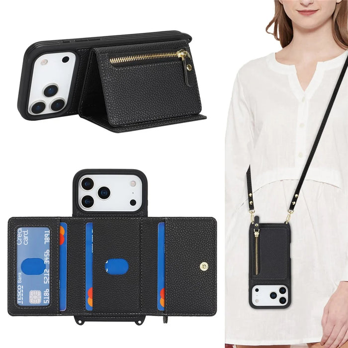 For iPhone 18 Pro / 17 Pro Case Card Bag Ring Holder Litchi Texture Leather+TPU Phone Cover with Long Strap - Black - 4