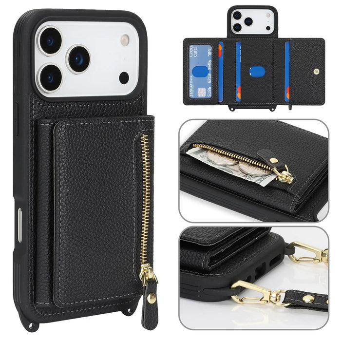 For iPhone 18 Pro / 17 Pro Case Card Bag Ring Holder Litchi Texture Leather+TPU Phone Cover with Long Strap - Black - 5