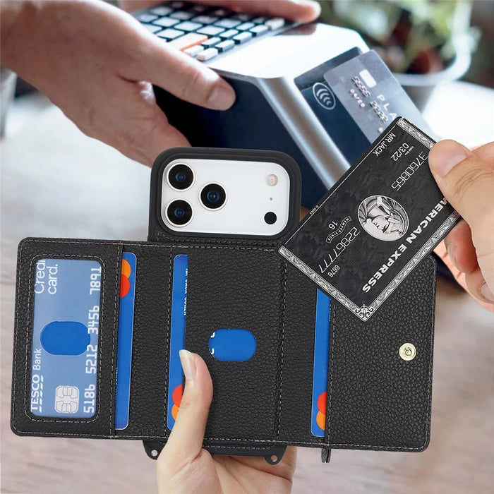 For iPhone 18 Pro / 17 Pro Case Card Bag Ring Holder Litchi Texture Leather+TPU Phone Cover with Long Strap - Black - 6
