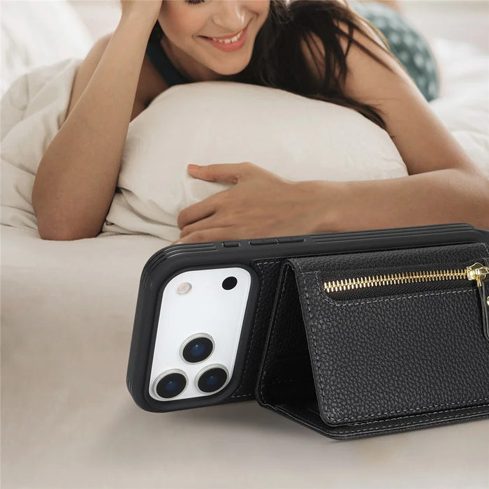 For iPhone 18 Pro / 17 Pro Case Card Bag Ring Holder Litchi Texture Leather+TPU Phone Cover with Long Strap - Black - 7