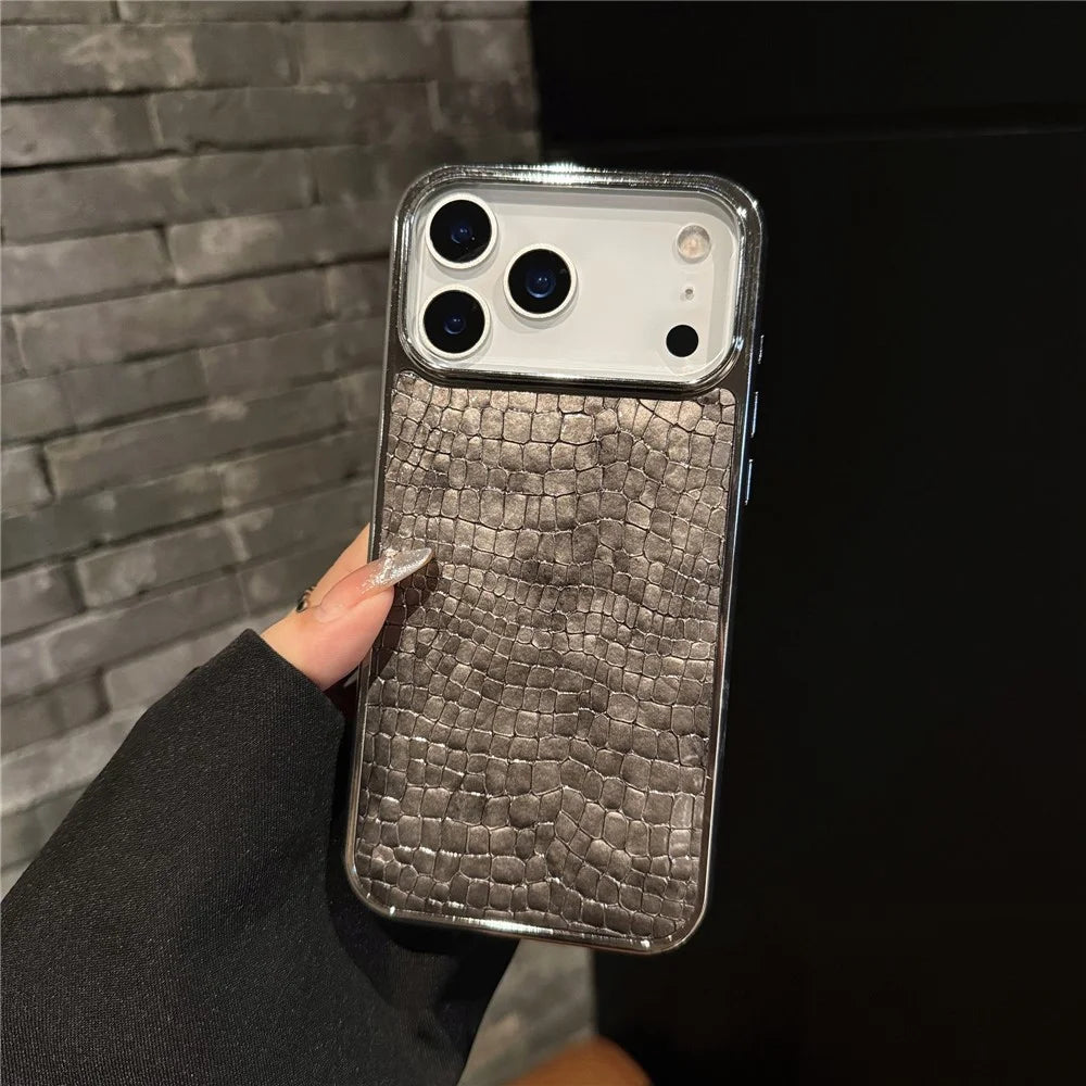 For iPhone 17 Pro Case Crocodile Texture PU Leather Coated PC + TPU Electroplating Phone Cover - Khaki - 2