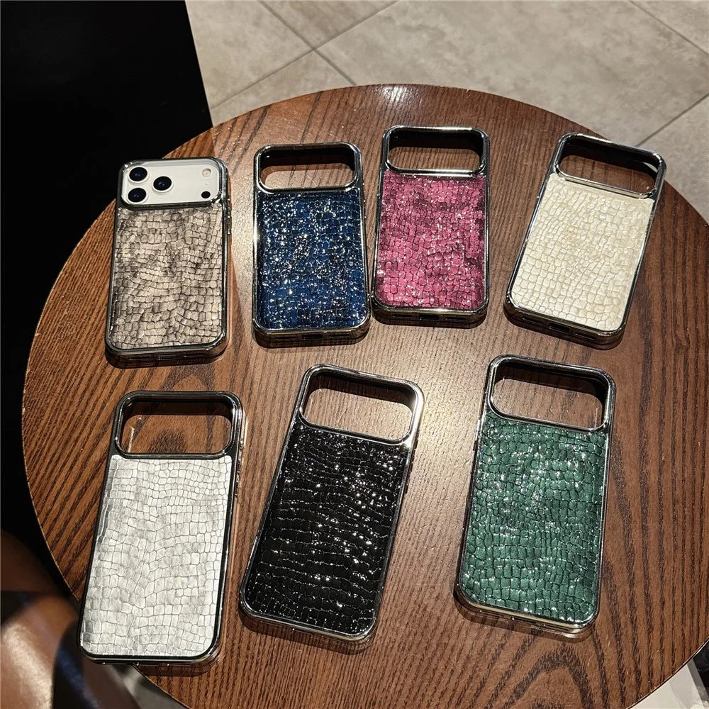 For iPhone 17 Pro Max Case Crocodile Texture PU Leather Coated PC + TPU Electroplating Phone Cover - Khaki - 7