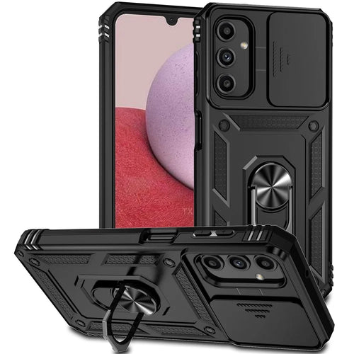 Phone Drop-proof Case for Samsung Galaxy A14 5G / A14 4G Metal Ring Kickstand PC + TPU Protective Cover with Slide Camera Protector - Black - 1