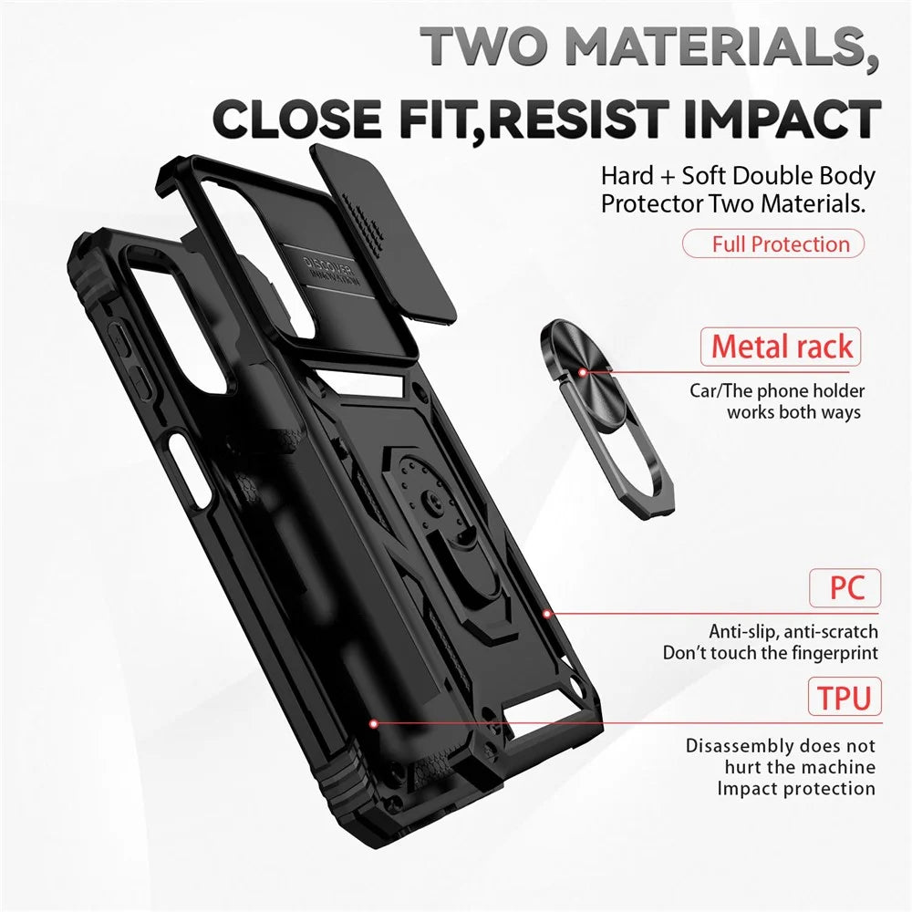 Phone Drop-proof Case for Samsung Galaxy A14 5G / A14 4G Metal Ring Kickstand PC + TPU Protective Cover with Slide Camera Protector - Black - 5