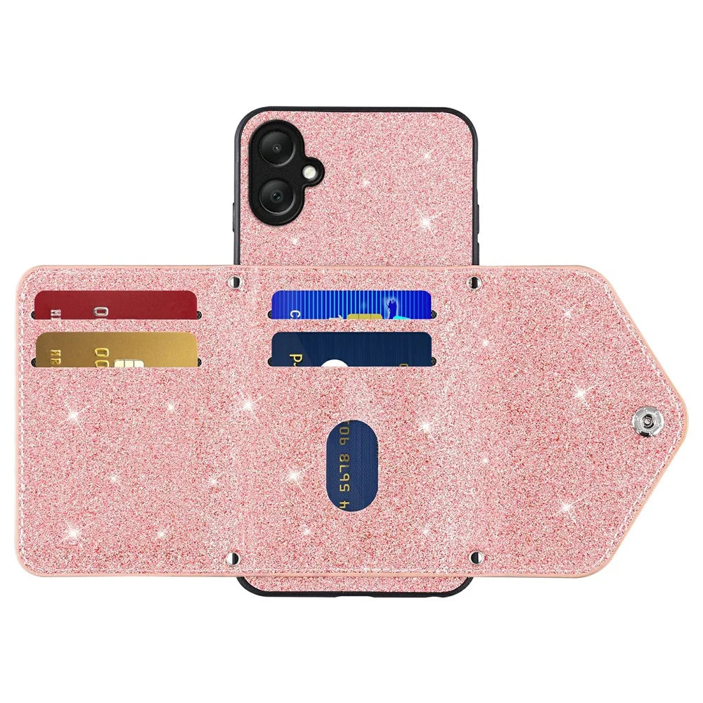 For Samsung Galaxy A05 4G Case Card Holder Kickstand PU Leather + TPU Glitter Phone Cover with Shoulder Strap - Pink - 2