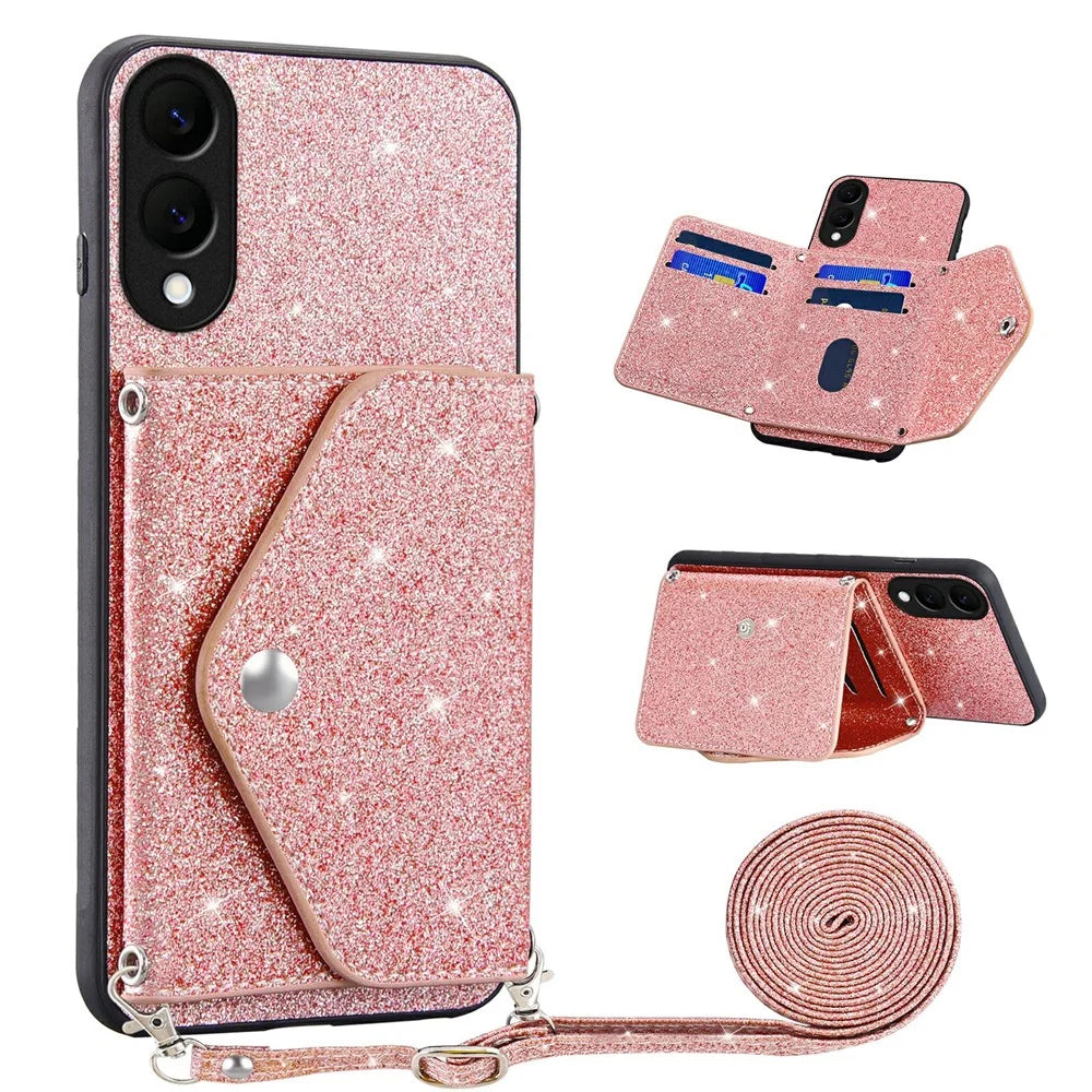 For Samsung Galaxy S25 Edge Case Card Holder Kickstand PU Leather + TPU Glitter Phone Cover with Shoulder Strap - Pink - 1