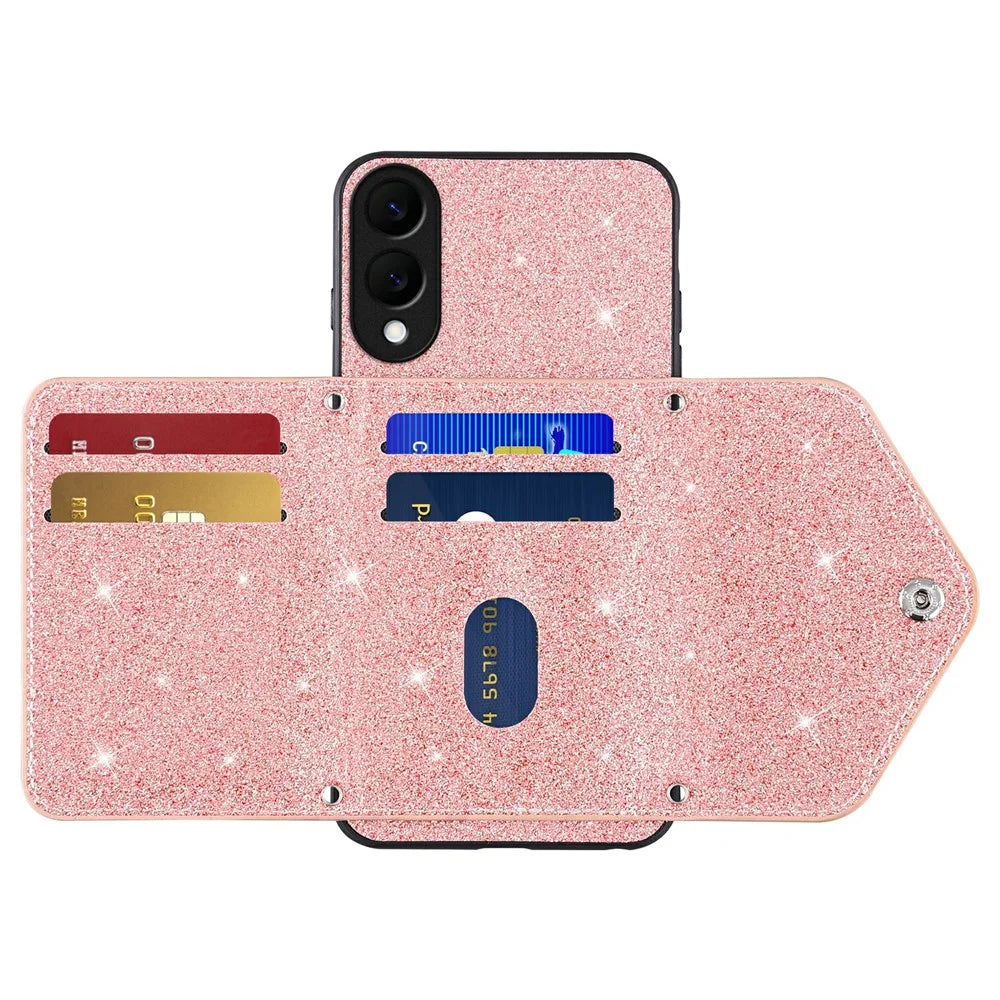 For Samsung Galaxy S25 Edge Case Card Holder Kickstand PU Leather + TPU Glitter Phone Cover with Shoulder Strap - Pink - 2