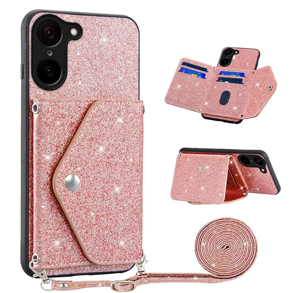 For OnePlus Nord CE5 5G / Ace 5 Racing 5G Case Card Holder Kickstand PU Leather + TPU Glitter Phone Cover with Shoulder Strap - Pink - 1
