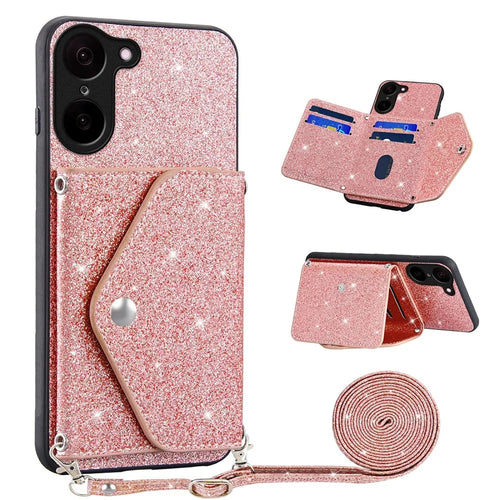 For OnePlus Nord CE5 5G / Ace 5 Racing 5G Case Card Holder Kickstand PU Leather + TPU Glitter Phone Cover with Shoulder Strap - Pink - 1