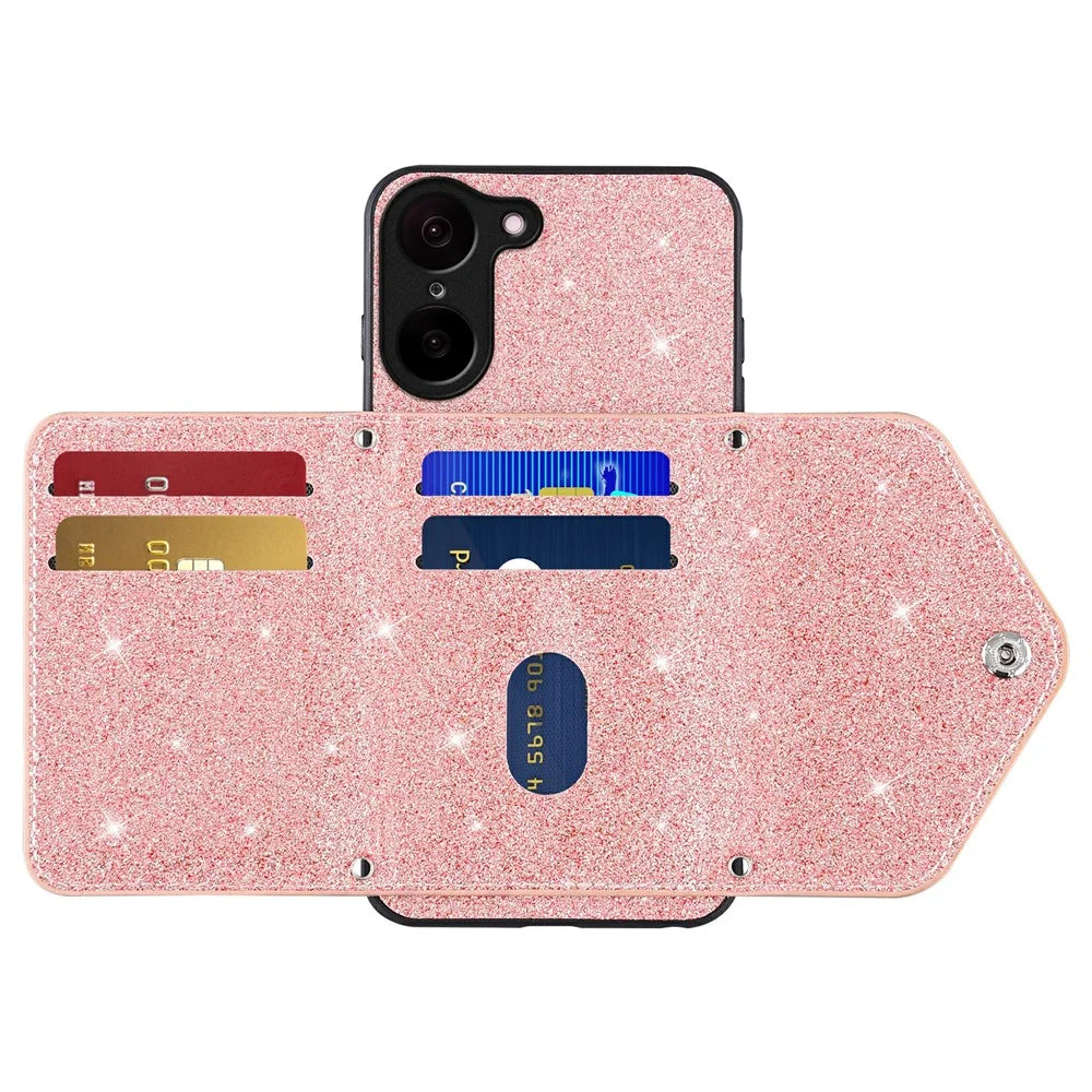 For OnePlus Nord CE5 5G / Ace 5 Racing 5G Case Card Holder Kickstand PU Leather + TPU Glitter Phone Cover with Shoulder Strap - Pink - 2