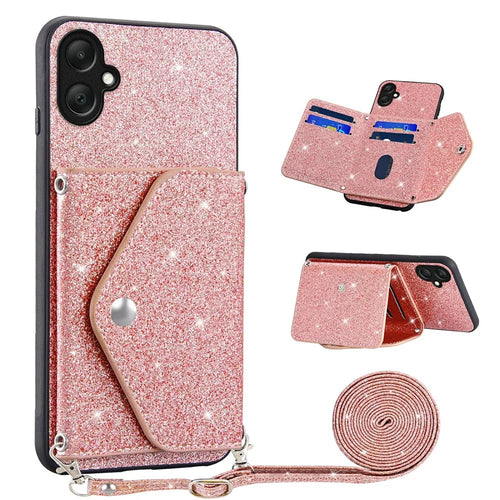 Card Holder Kickstand Case for Samsung Galaxy A08 5G / A08 4G / A07 4G / A06 4G / A06 5G PU Leather + TPU Glitter Phone Cover with Shoulder Strap - Pink - 1